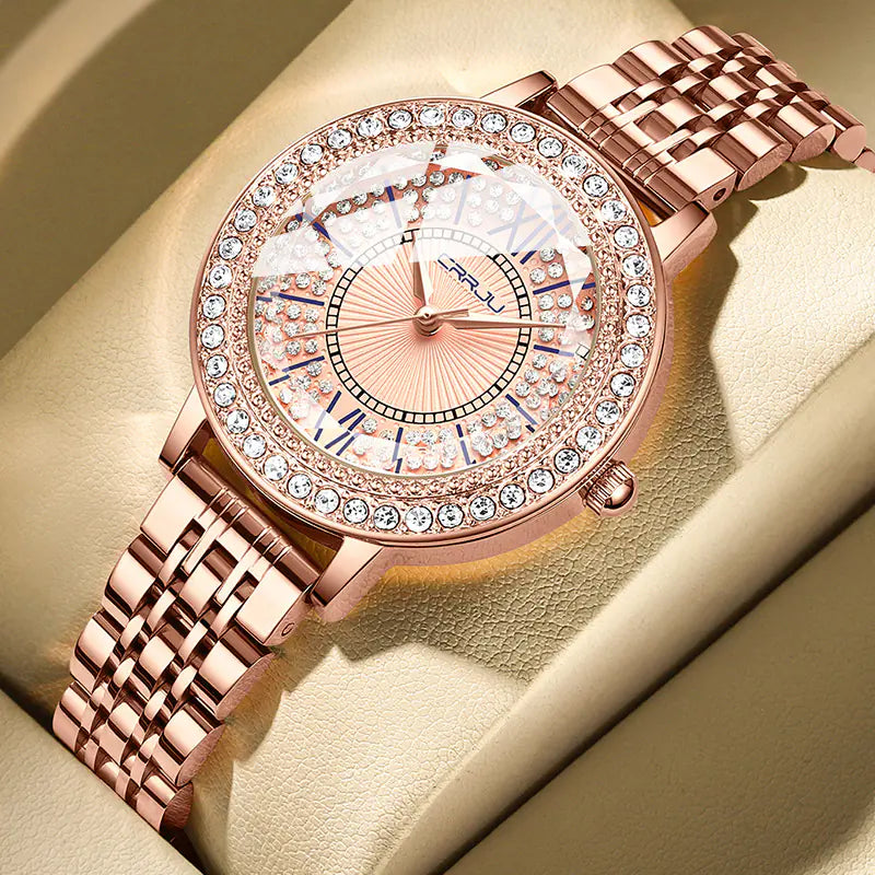 CRRJU Women's Diamond-Studded Steel Band Watch