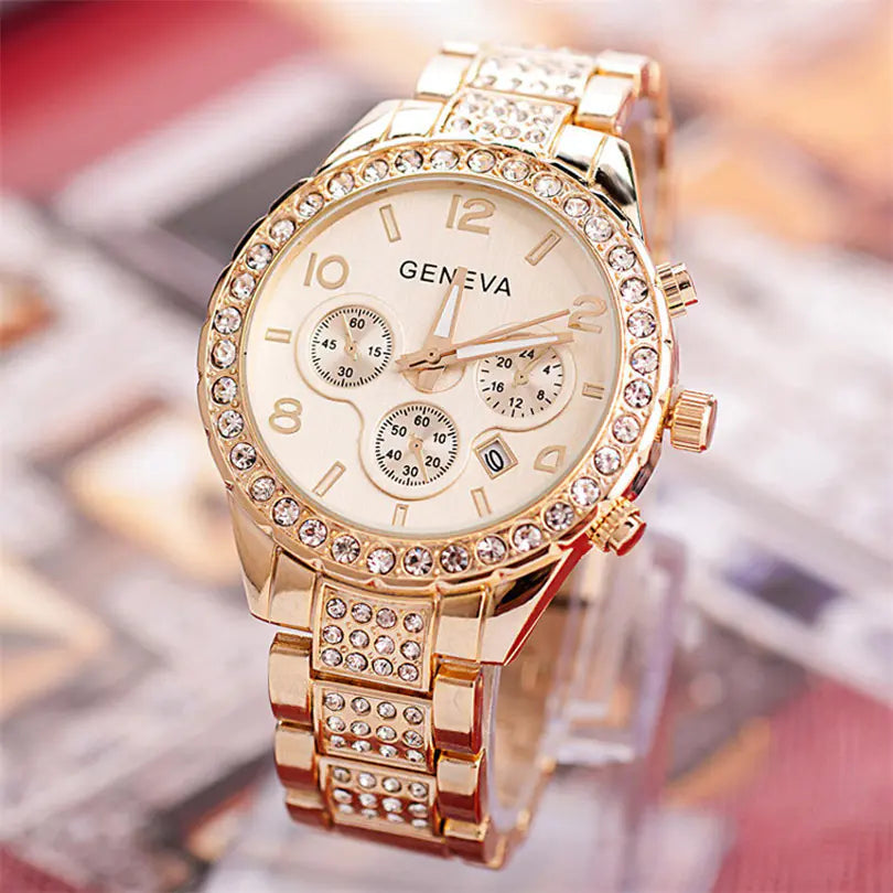 Diamond-Studded Calendar Watch for Women, Quartz
