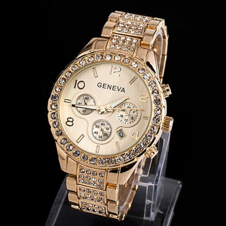 Diamond-Studded Calendar Watch for Women, Quartz