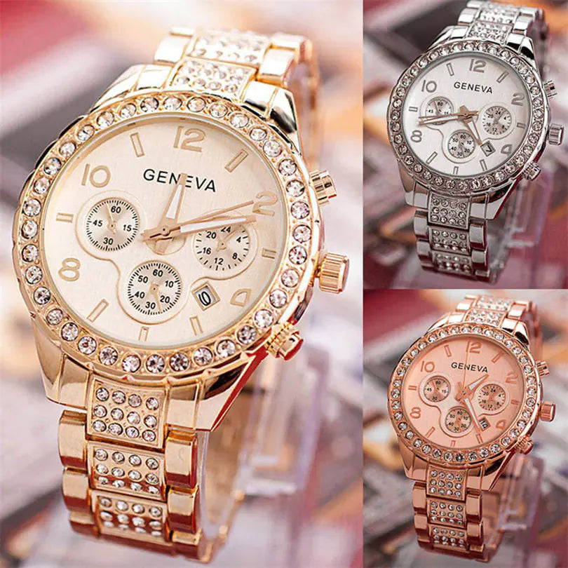 Diamond-Studded Calendar Watch for Women, Quartz