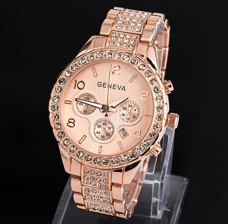 Diamond-Studded Calendar Watch for Women, Quartz