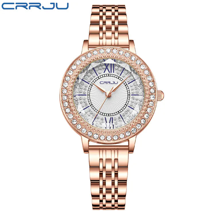 CRRJU Women's Diamond-Studded Steel Band Watch