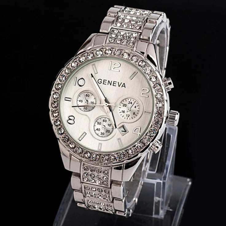 Diamond-Studded Calendar Watch for Women, Quartz